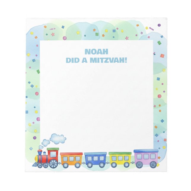 Colourful Train Themed Personalised Mitzvah  Notepad (Front)
