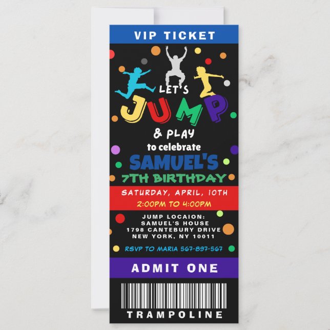 Colourful Trampoline Jump Birthday Ticket Invitation (Front)