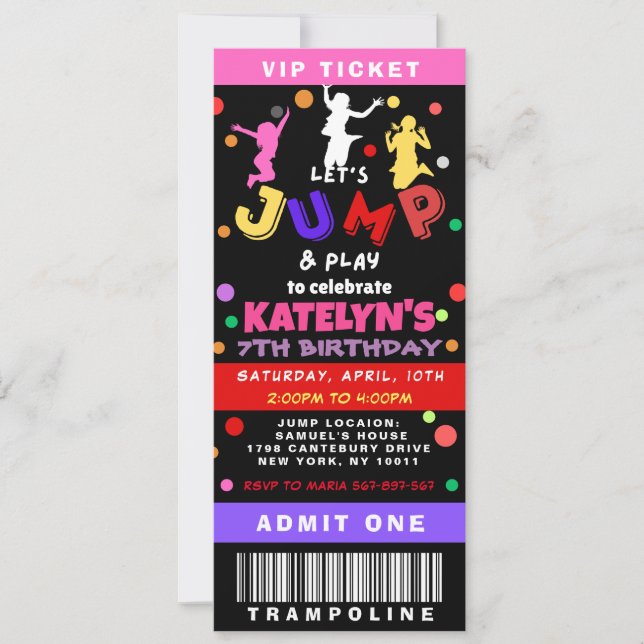 Colourful Trampoline Jump Birthday Ticket Invitation (Front)