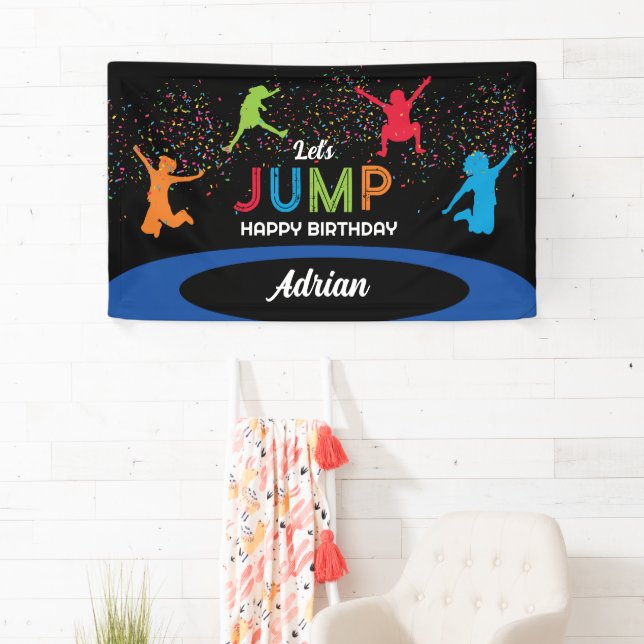 Colourful Trampoline Park Jump Kids Birthday Party Banner (Insitu)
