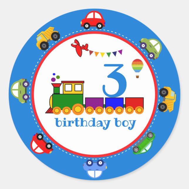 Colourful Transportation Baby Boy Birthday Classic Round Sticker (Front)