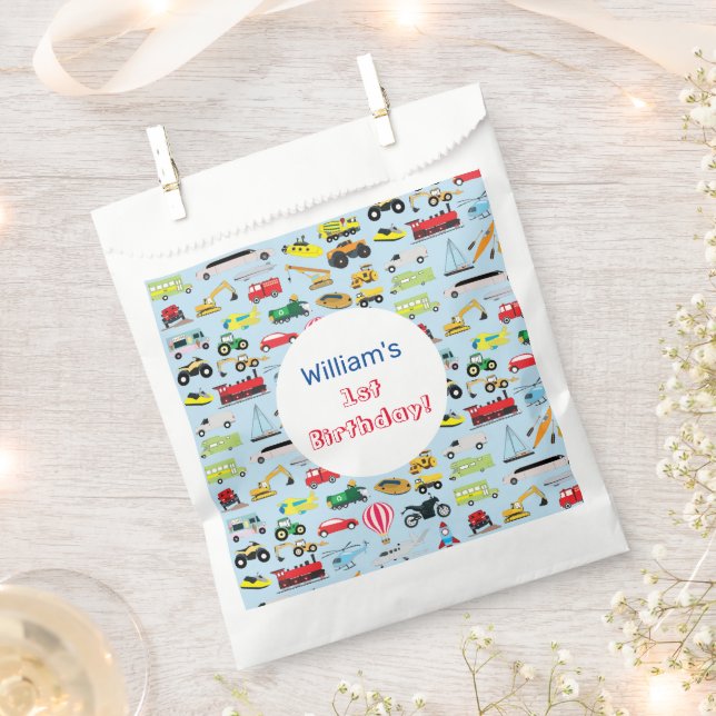 Colourful Transportation & Vehicles Kids Name Favour Bag (Clipped)