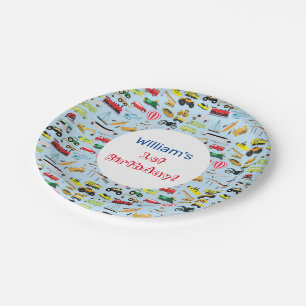 Colourful Transportation & Vehicles Kids Name Paper Plate