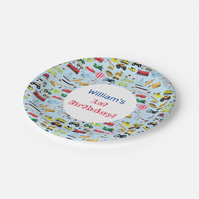 Colourful Transportation & Vehicles Kids Name Paper Plate (Angled)