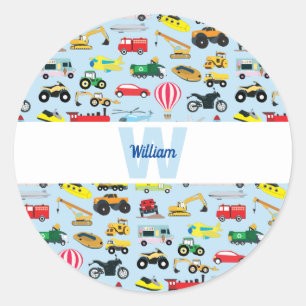Colourful Transportation & Vehicles Kids Pattern Classic Round Sticker