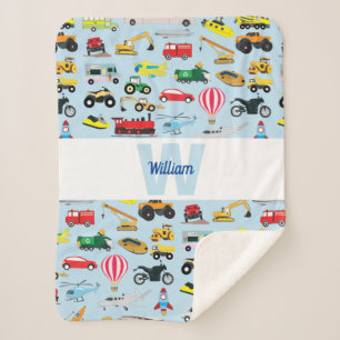 Colourful Transportation & Vehicles Kids Pattern Sherpa Blanket