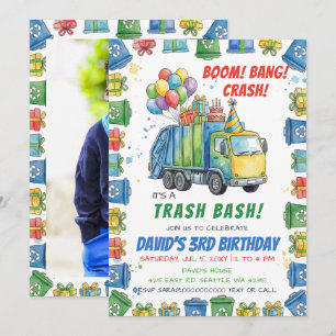 Colourful Trash Bash Garbage Truck Birthday Invitation