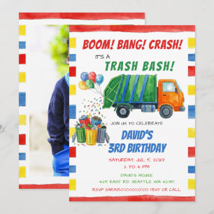 Colourful Trash Bash Garbage Truck Birthday Invitation