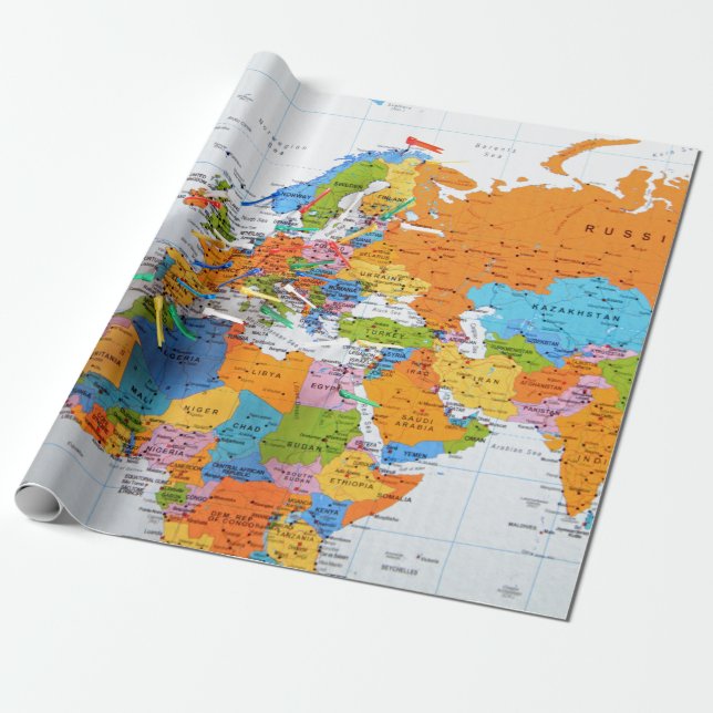 Colourful Travel Map Wrapping Paper (Unrolled)