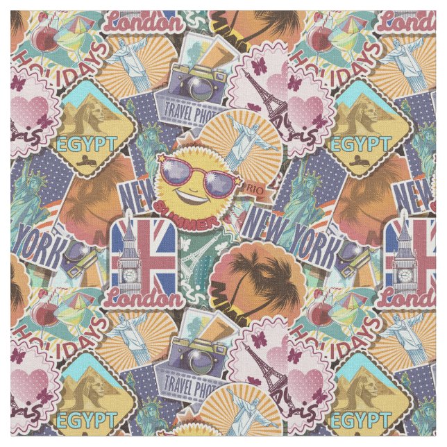 Colourful Travel Sticker Pattern Fabric (Close Up)