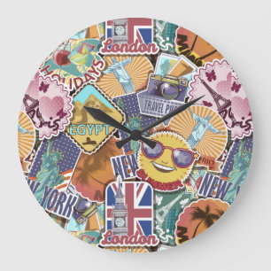 Colourful Travel Sticker Pattern Large Clock