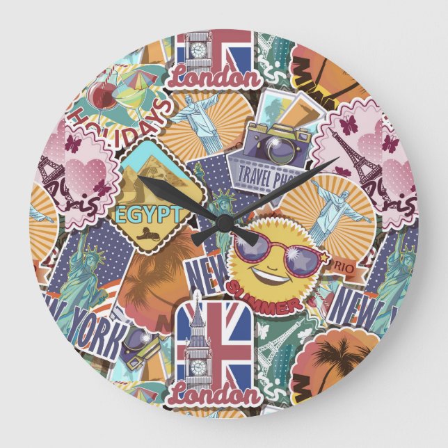 Colourful Travel Sticker Pattern Large Clock (Front)