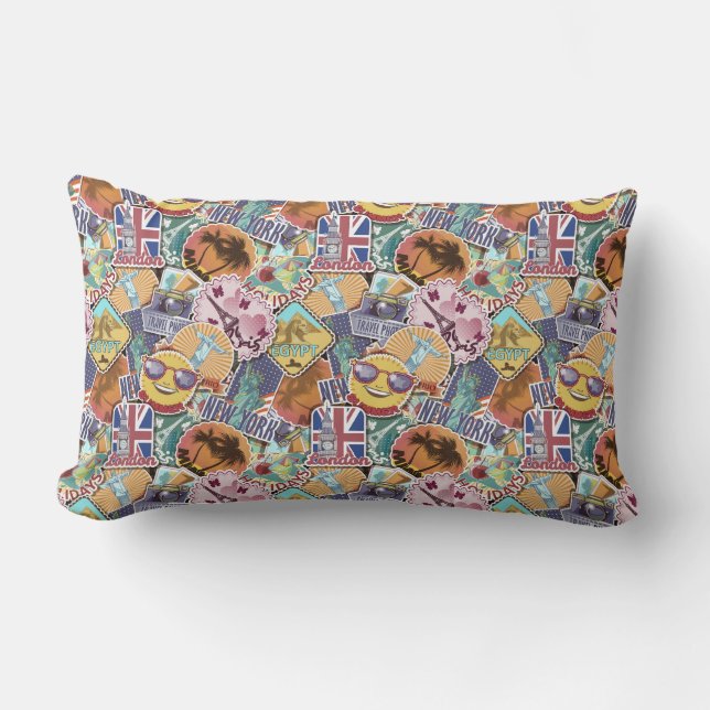 Colourful Travel Sticker Pattern Lumbar Cushion (Front)