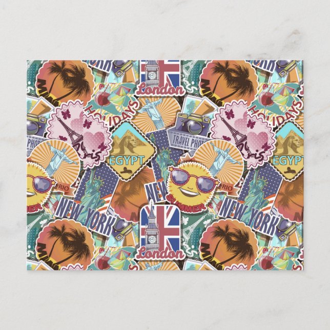 Colourful Travel Sticker Pattern Postcard (Front)