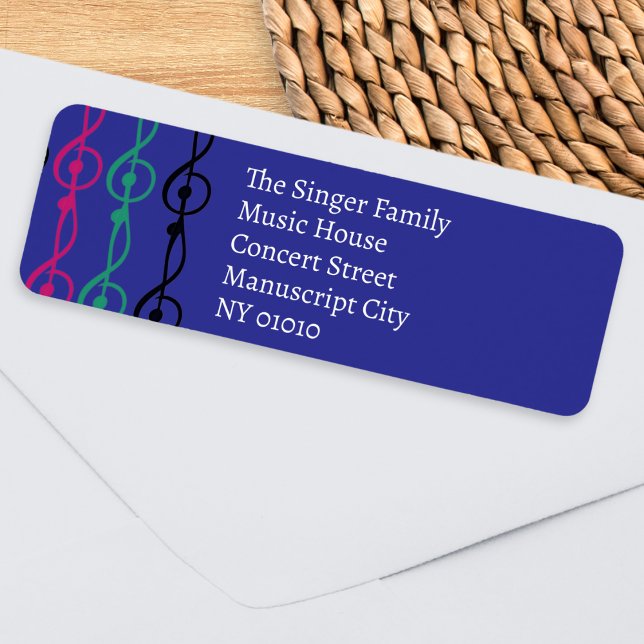 Colourful Treble Clef Pattern Cute Music Themed Return Address Label (A personalized address label with a musical theme, with colorful treble clefs on a blue background)
