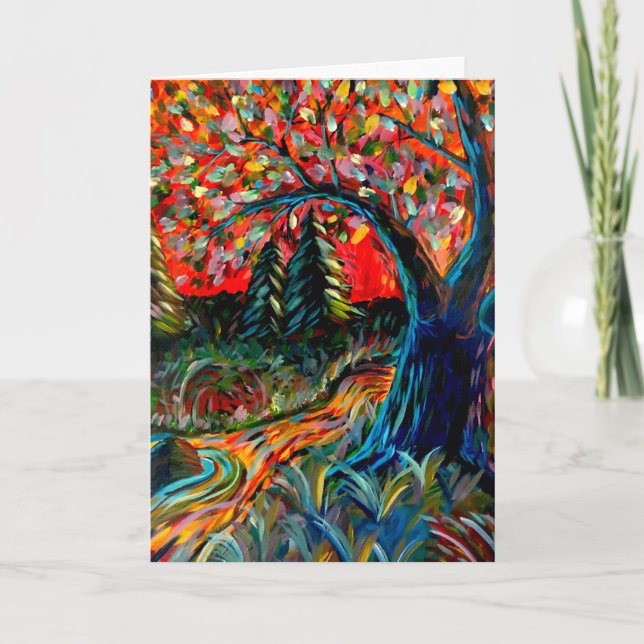 Colourful Tree And River Painting Holiday Card (Front)