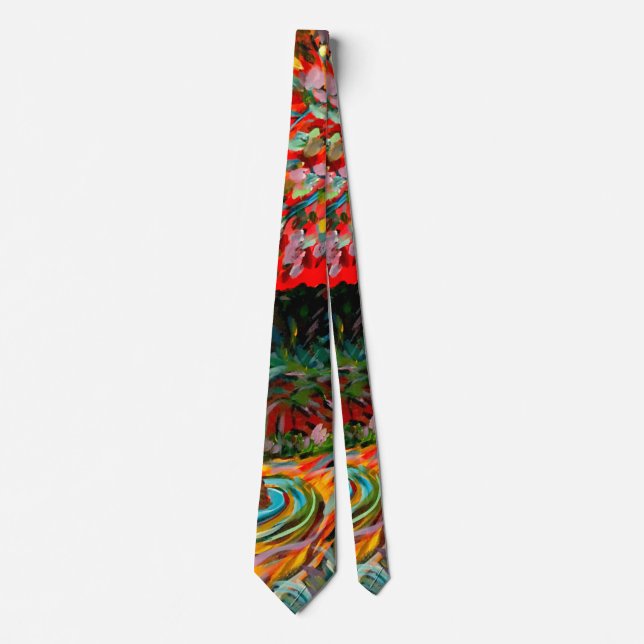 Colourful Tree And River Painting Tie (Front)