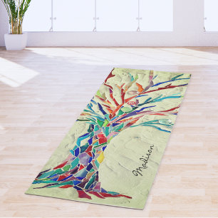 Colourful Tree Monogram Name Green Zen Yoga Mat