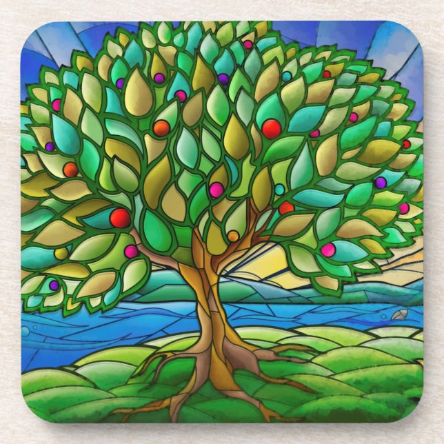 Colourful Tree of Life Decorative Hard Plastic  Coaster (Front)