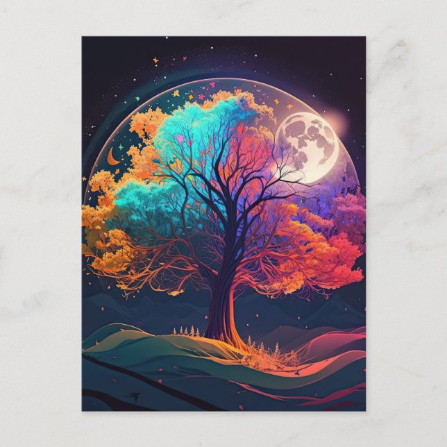 Colourful Tree of Life Moon Galaxy Fantasy Postcard (Front)
