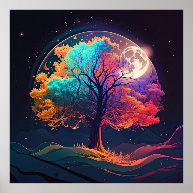 Colourful Tree of Life Moon Galaxy Fantasy Poster (Front)