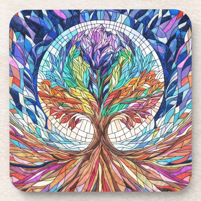 Colourful Tree of Life Mosaic art Coaster (Front)