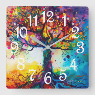 Colourful Tree of Life Rainbow Serenity Nature Art Square Wall Clock
