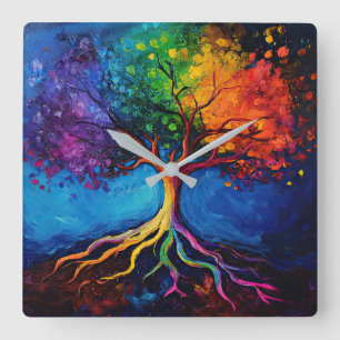 Colourful Tree of Life Roots Knowledge Wisdom Peac Square Wall Clock