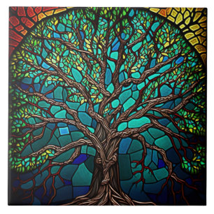 Colourful Tree of Life Stained Glass Effect Ceramic Tile