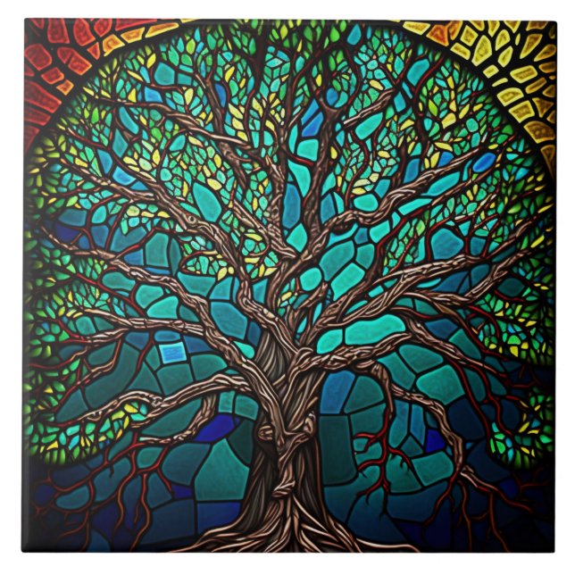 Colourful Tree of Life Stained Glass Effect Ceramic Tile (Front)
