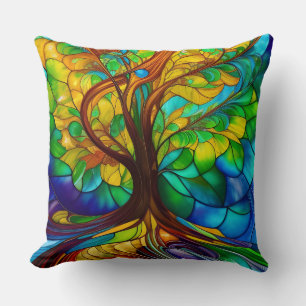 Colourful Tree of Life Stained Glass Look Cushion