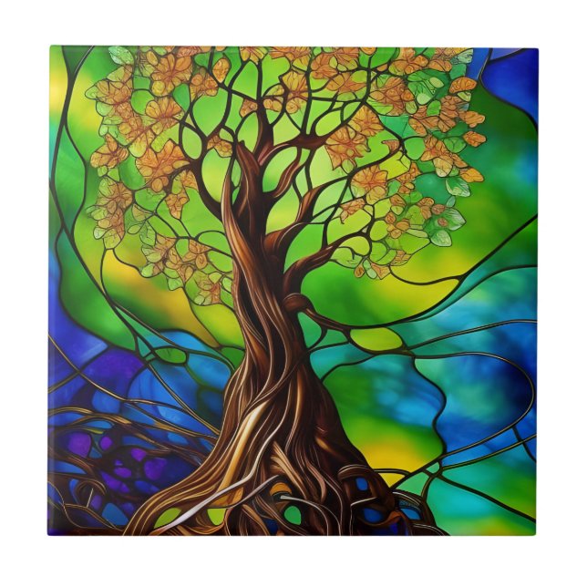 Colourful Tree of Life Stained Glass Look II Ceramic Tile (Front)