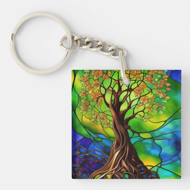 Colourful Tree of Life Stained Glass Look II Key Ring (Front)