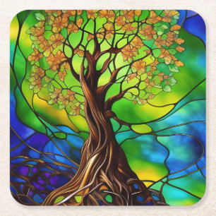 Colourful Tree of Life Stained Glass Look II Square Paper Coaster
