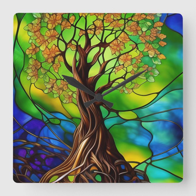 Colourful Tree of Life Stained Glass Look II Square Wall Clock (Front)
