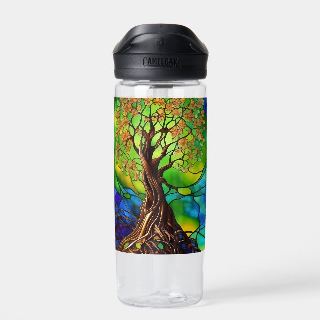 Colourful Tree of Life Stained Glass Look II Water Bottle (Back)