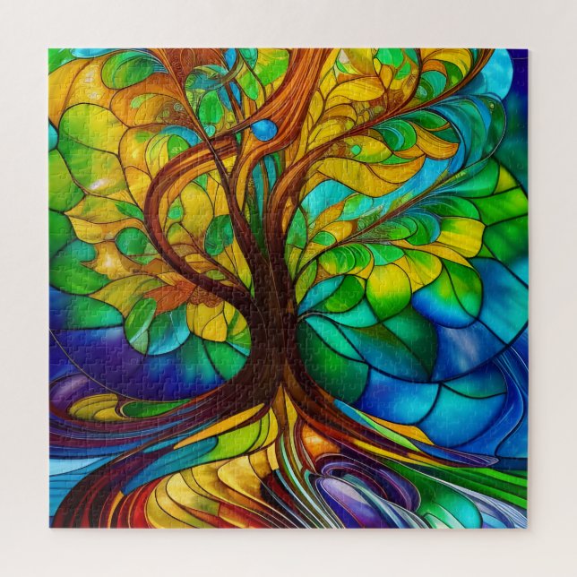 Colourful Tree of Life Stained Glass Look Jigsaw Puzzle (Vertical)