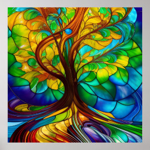 Colourful Tree of Life Stained Glass Look Poster
