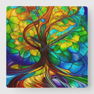 Colourful Tree of Life Stained Glass Look Square Wall Clock