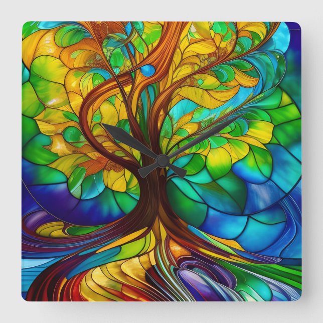 Colourful Tree of Life Stained Glass Look Square Wall Clock (Front)