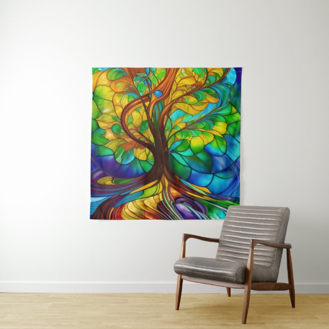 Colourful Tree of Life Stained Glass Look Tapestry (In Situ)