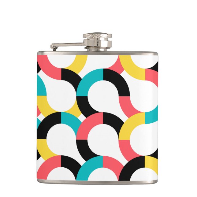 Colourful, trendy, cheerful, fun modern geometric hip flask (Front)