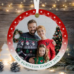 Colourful Trendy Double Sided Two photo Snowflakes Metal Tree Decoration<br><div class="desc">Colourful, trendy double sided, two photo, round ornaments. On the front side, this custom ornament design features your personal photo highlighted in a unique red and white gradient frame with delicate snowflakes. The designs modern typography displays your family name and the year or can be edited to read anything you...</div>