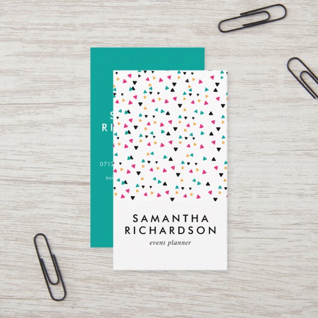 Colourful Triangle Confetti Pattern Business Card (Front/Back In Situ)