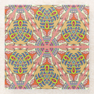Colourful triangle patchwork, hand-drawn art. glass coaster