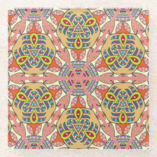 Colourful triangle patchwork, hand-drawn art. glass coaster