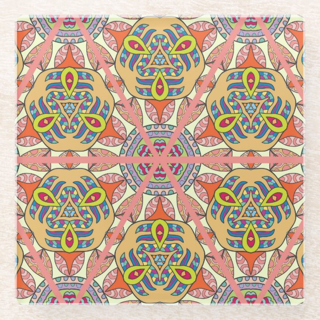 Colourful triangle patchwork, hand-drawn art. glass coaster (Front)