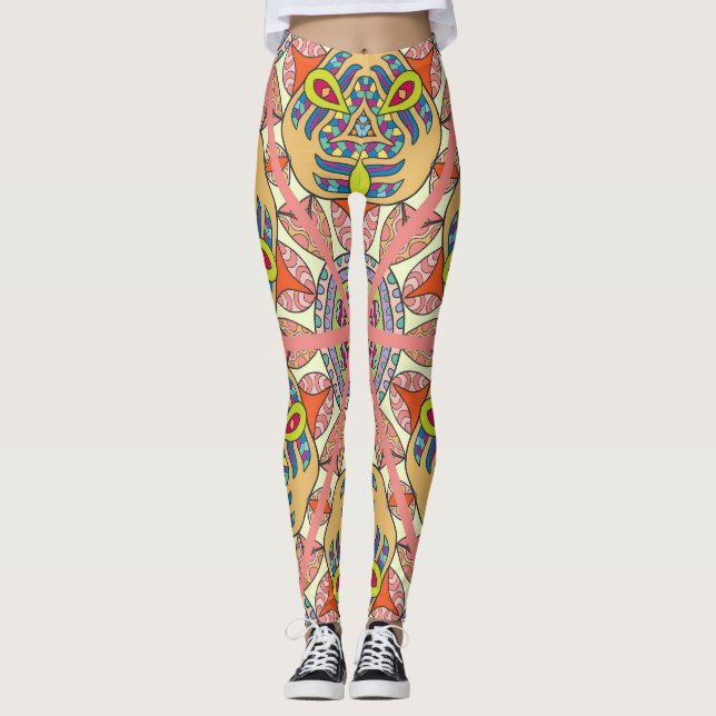 Colourful triangle patchwork, hand-drawn art. leggings (Front)