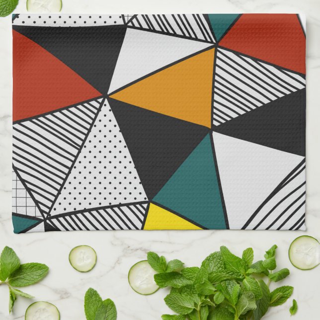 colourful triangles geometric pattern tea towel (Folded)