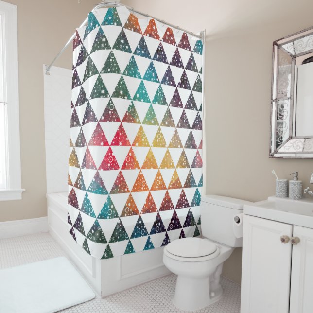 Colourful Triangles White Stars & Sparkles Shower Curtain (In Situ)